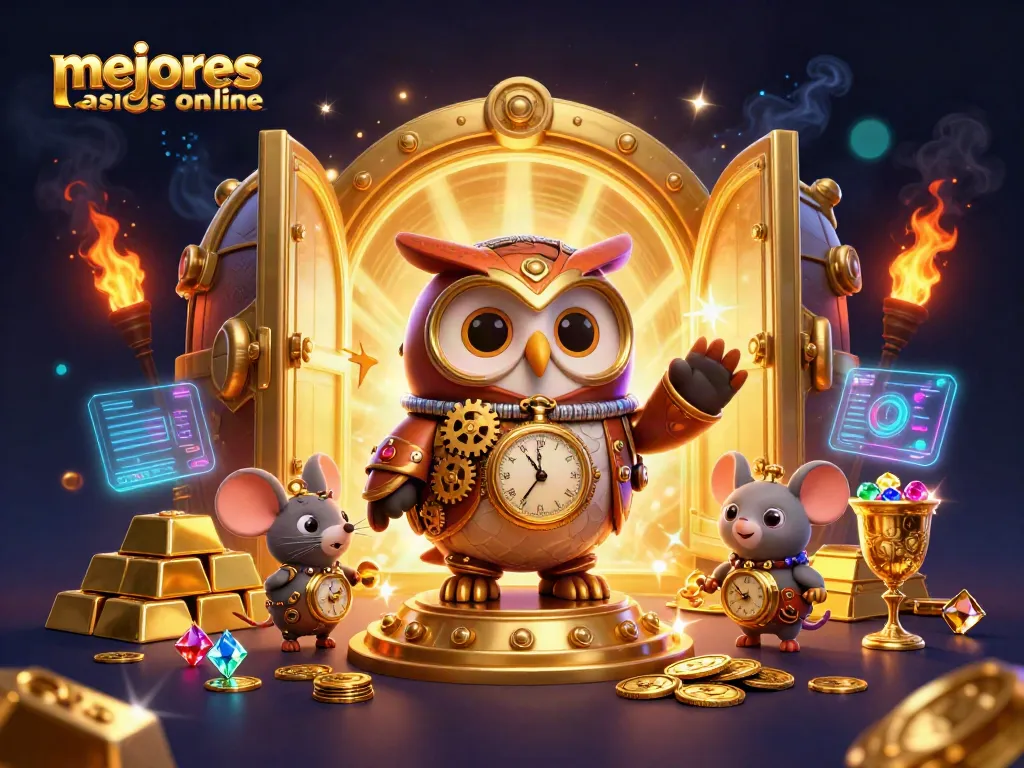 Explora mejores casinos online en una escena vibrante de un búho viajero en el tiempo.