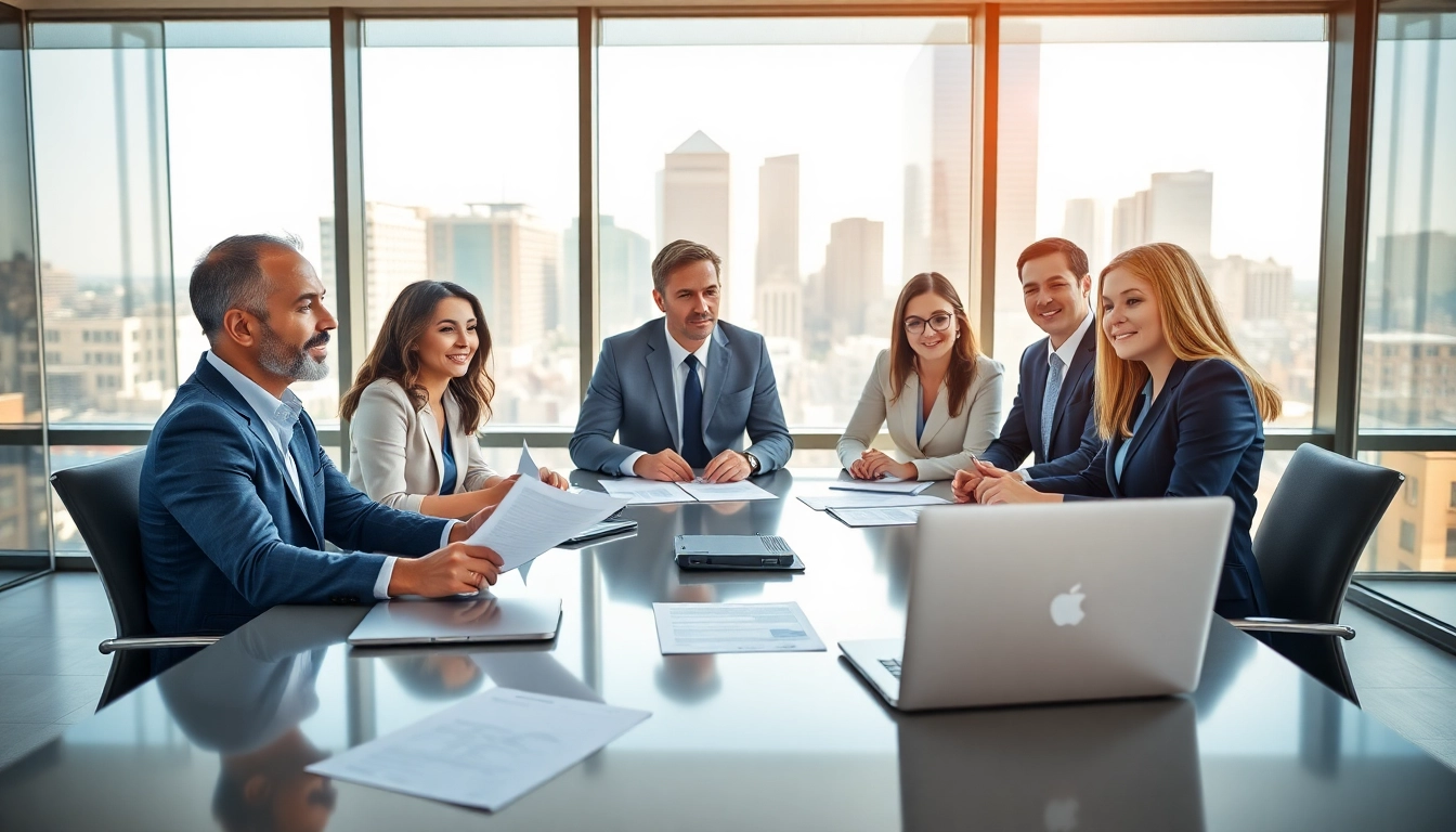Engaged professionals discussing Federal and State contracts in a dynamic office setting.