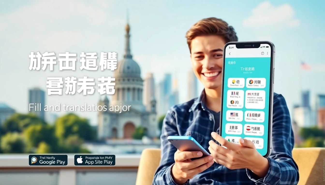 Showcasing 有道翻译 app features with a user-friendly interface and vibrant international landmarks.
