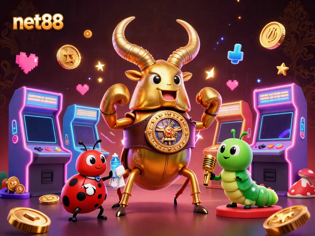 Engage in thrilling gaming action with net88 featuring a golden stag beetle champion in a dynamic casino scene.