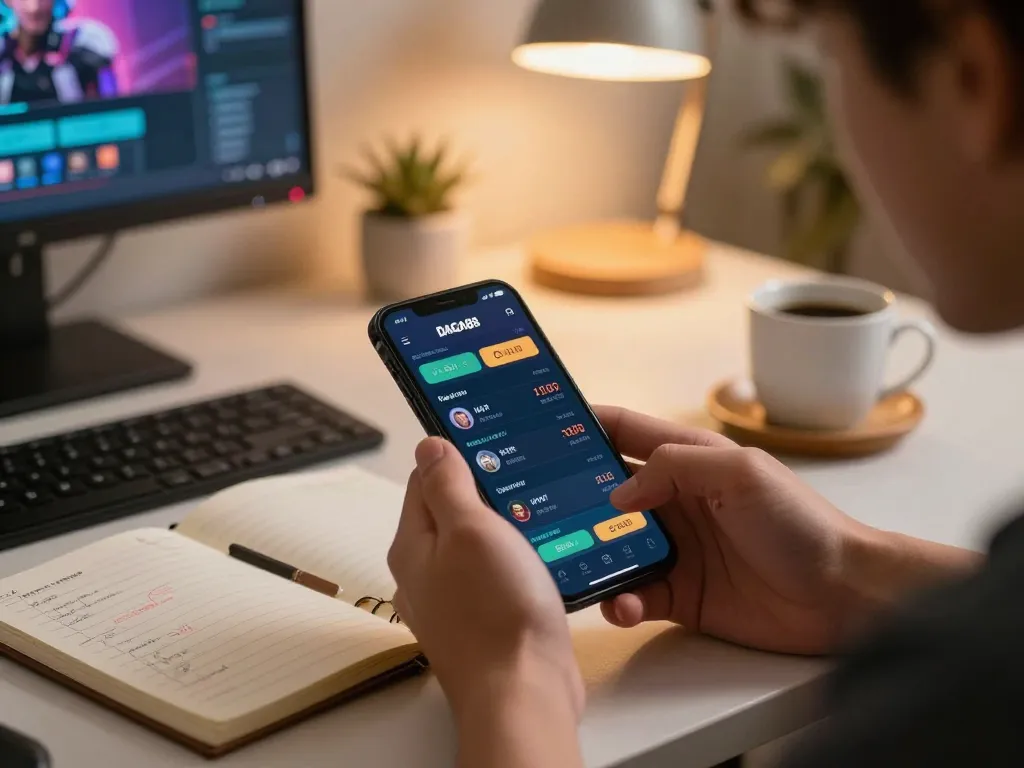 Player interacting with the DAGA88 app on their smartphone during a mobile gambling session, showcasing live betting excitement.