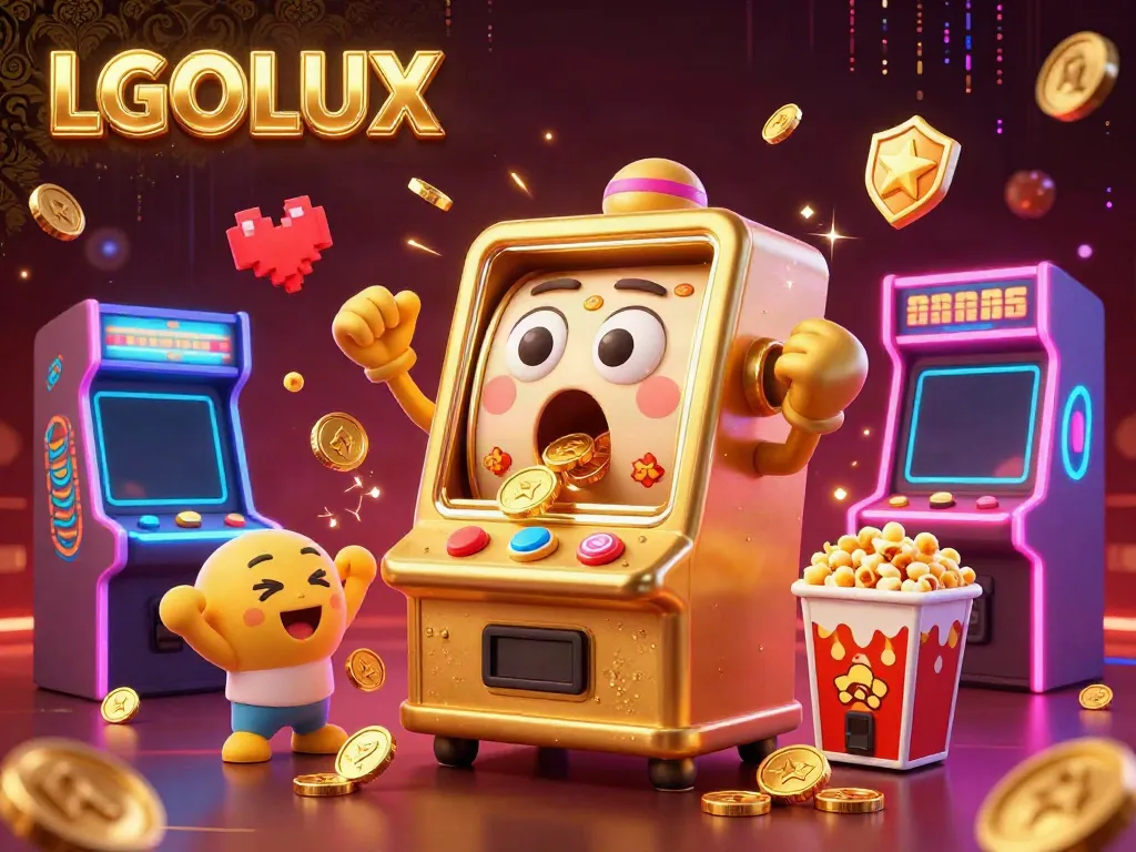 Experience thrilling wins at LGOLUX with a golden slot machine celebrating its jackpot amidst cheering baby slots and vibrant game elements.