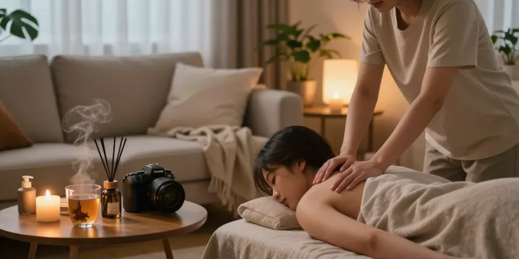 Relaxing 성남출장안마 massage session at home creating a calming atmosphere with gentle lighting and soothing elements.