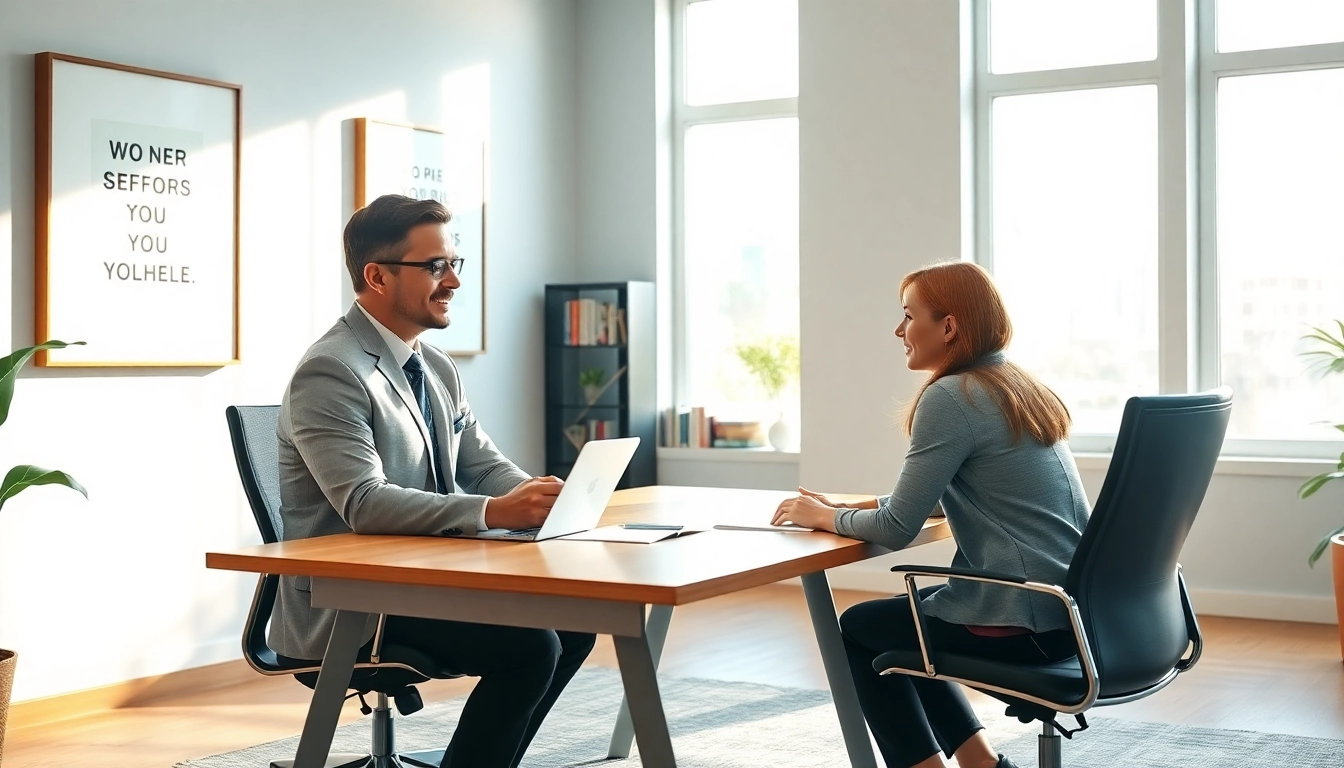 How to find my perfect career coach guiding a client in a bright, inviting office.
