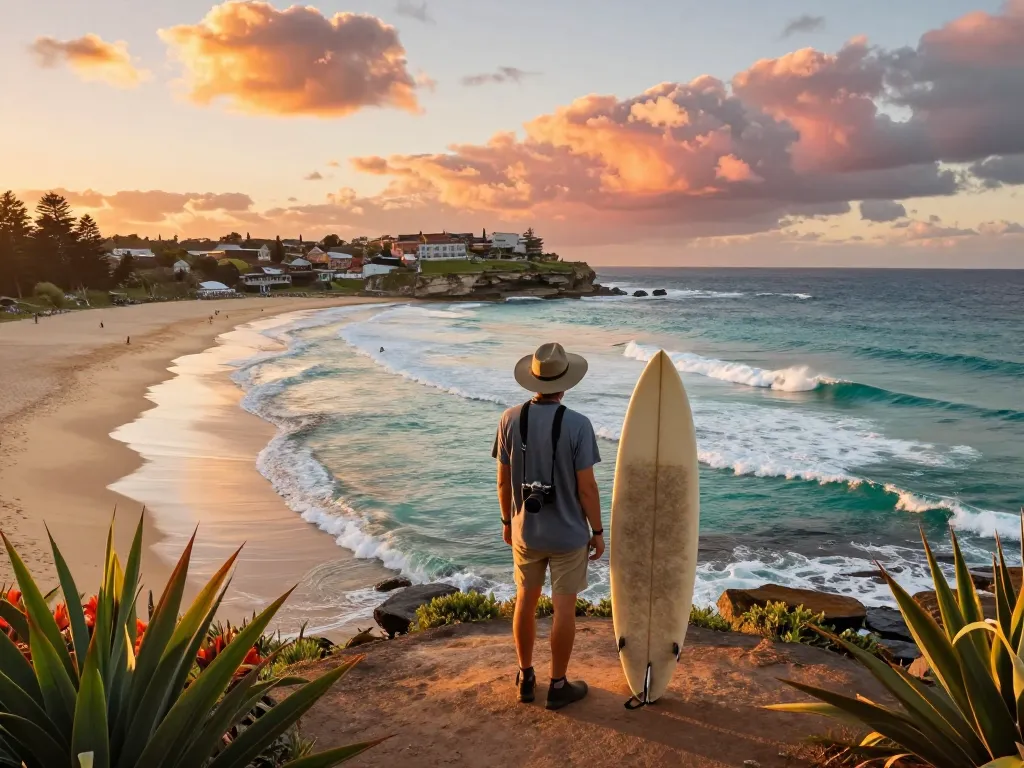 Traveler at Bondi Beach, Australia, enjoying sunset over the ocean and cliffs.
