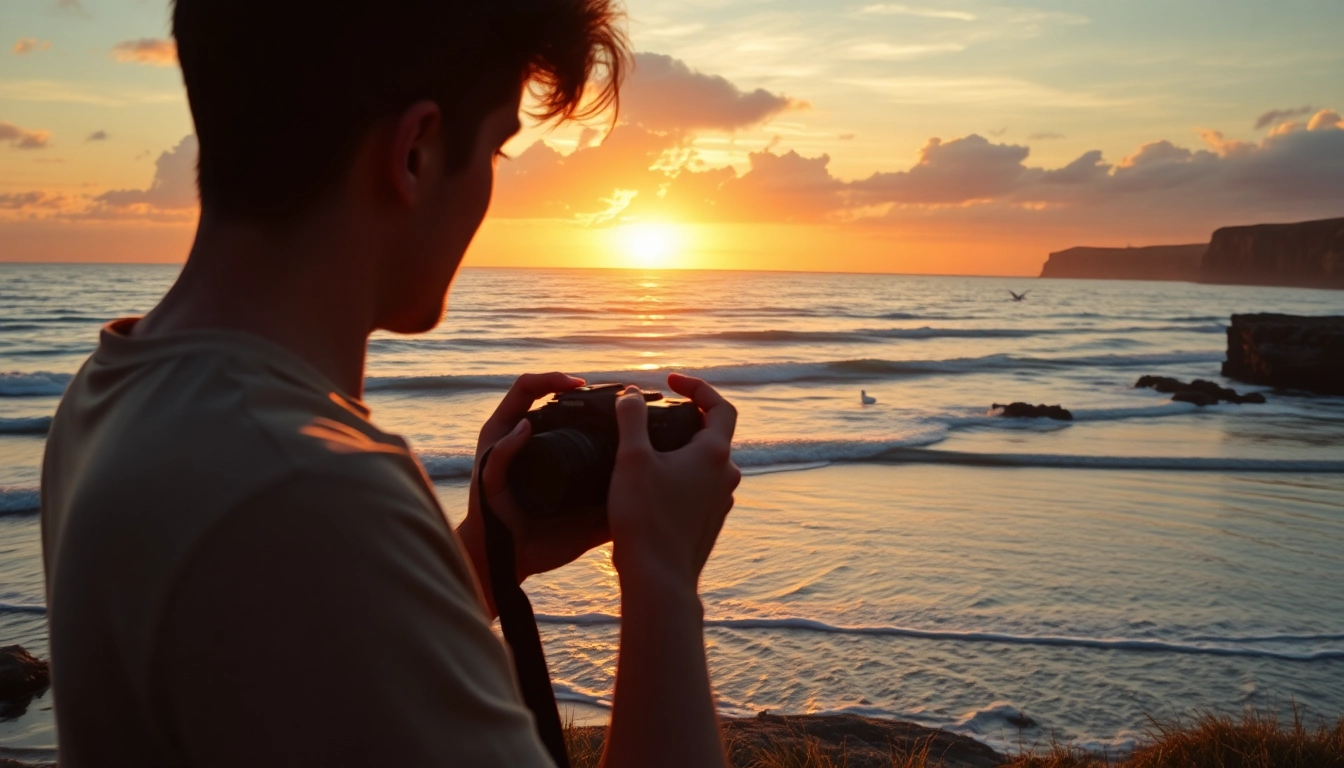 Destination photographer capturing a breathtaking coastal sunset scene with vibrant colors.