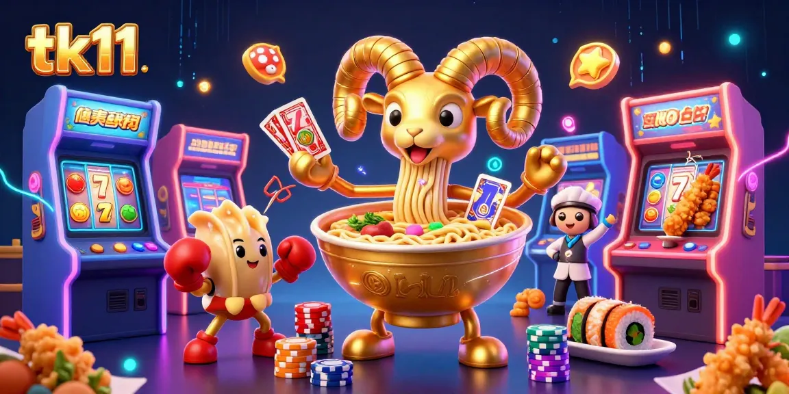 Engage with exciting tk11 gaming action featuring a vibrant illustration of a golden ramen bowl dealer surrounded by energetic game elements.