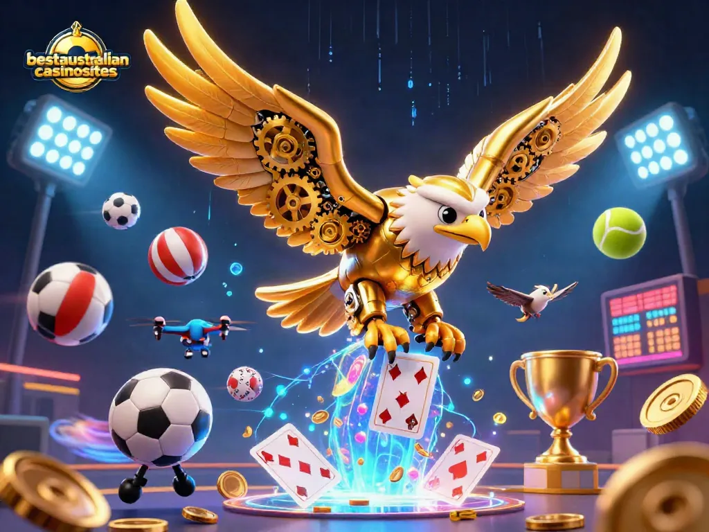 Experience vibrant gaming action at bestaustraliancasinosites with a cybernetic eagle diving through holographic cards amidst dynamic sports elements.