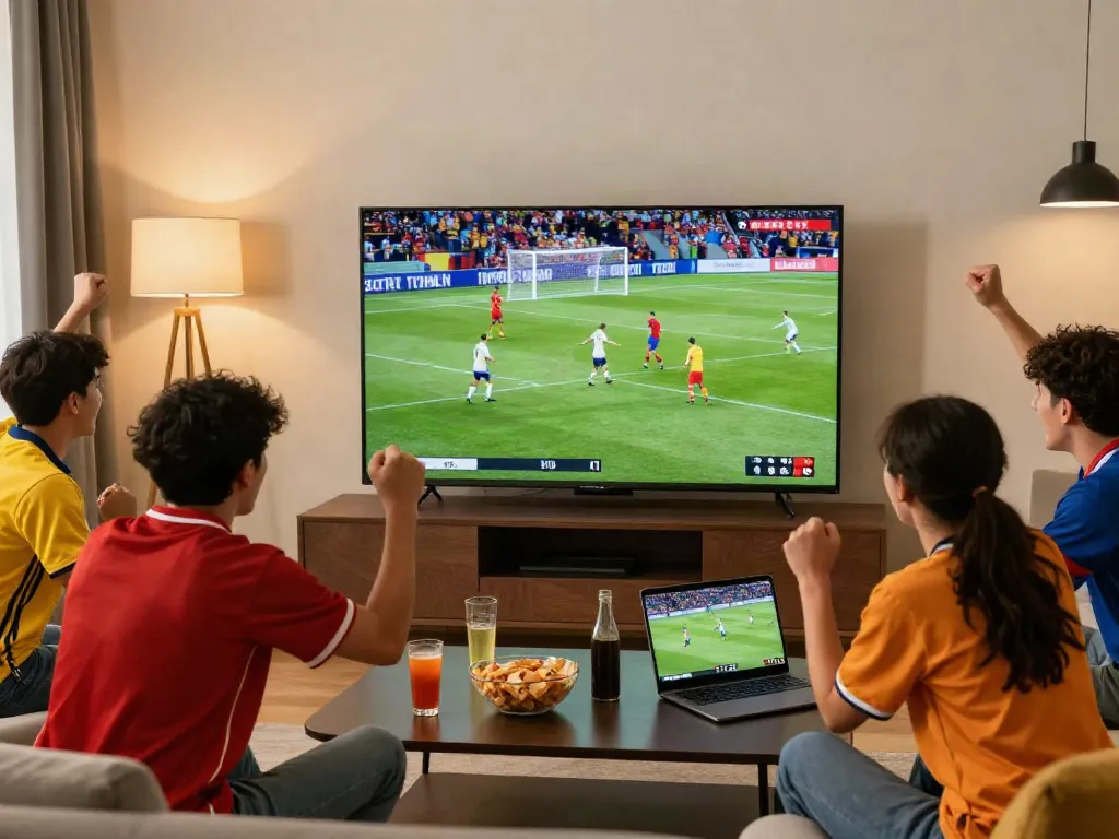 Excited fans watching football on https://cakhiatvvn.jpn.com/ in a vibrant living room.