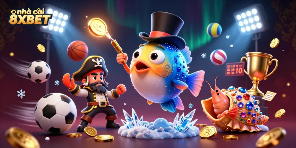 Engage in betting triumphs with nhà cái 8XBET, showcased by animation of thrilling underwater characters with golden coins.