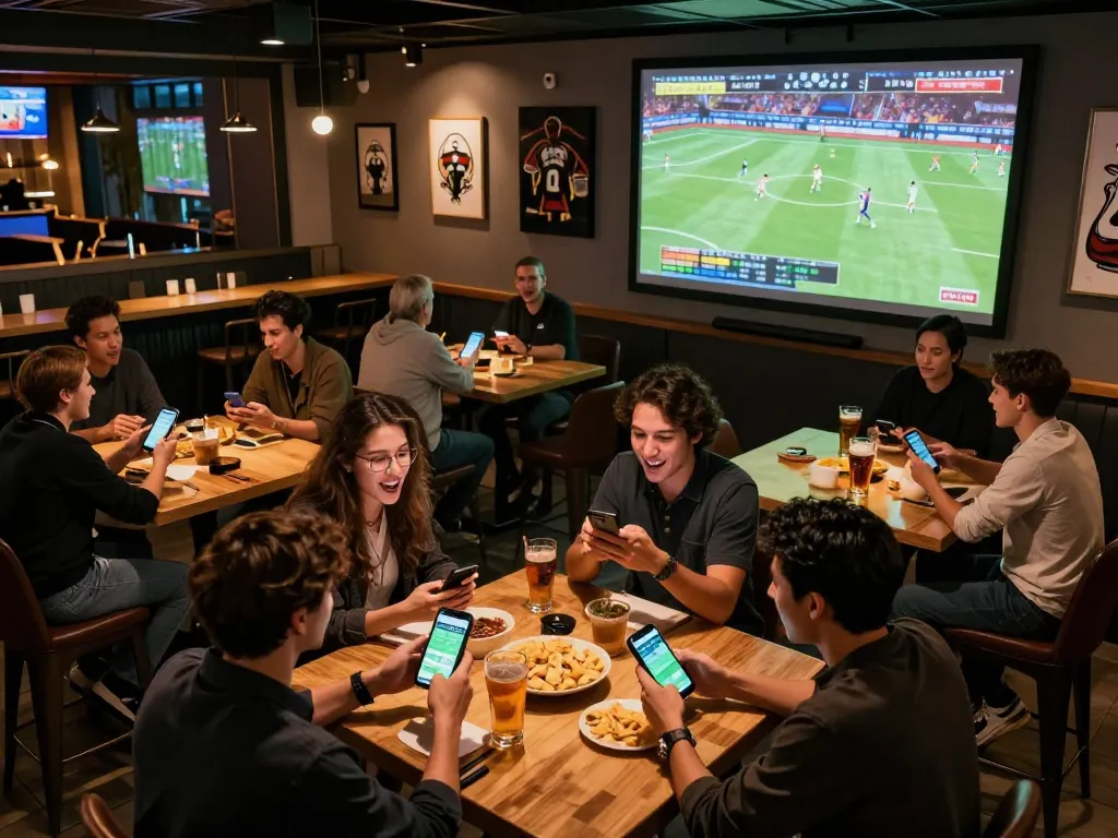Amici che si divertono scommettendo sugli sport mentre utilizzano app di siti scommesse non AAMS in un'atmosfera vivace di sport bar.