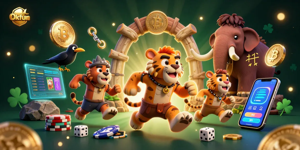Join the Okfun prehistoric casino adventure with caveman duo and glowing crypto elements.