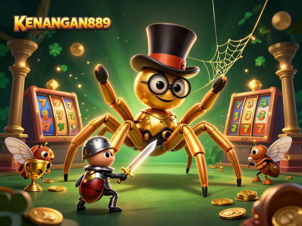 Experience the thrilling gameplay of KENANGAN889 with a dynamic scene featuring a giant golden tarantula and fun casino elements.
