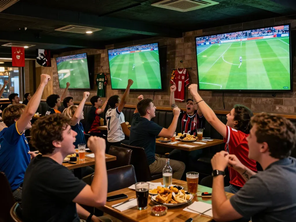 Football fans enjoying the excitement at a sports bar while watching live matches on screens, promoting gavangtv.study.