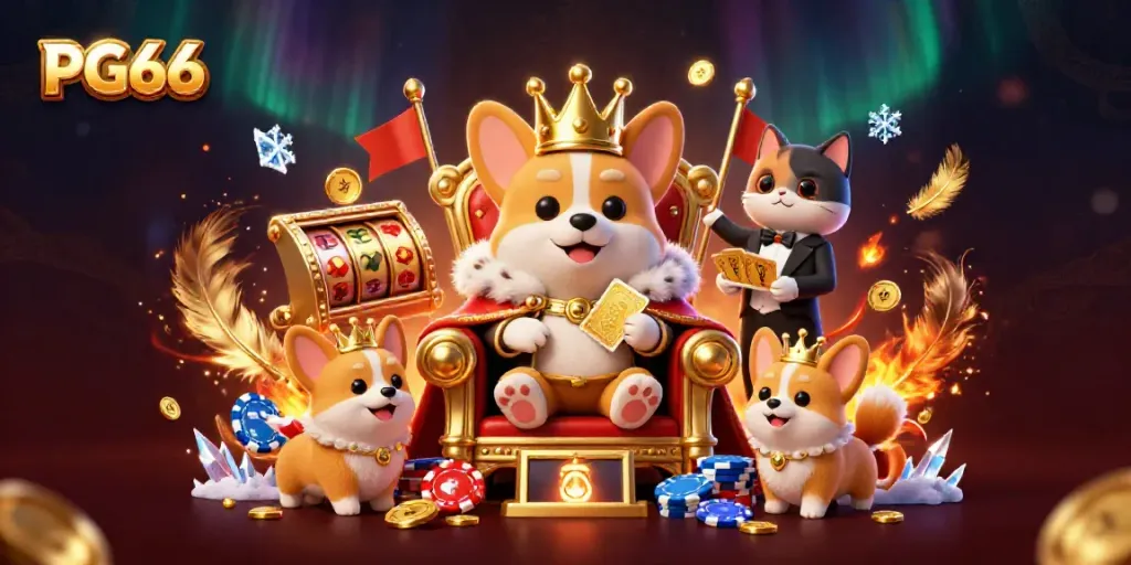 Join the royal fun at PG66 with a corgi king on a poker chip throne.