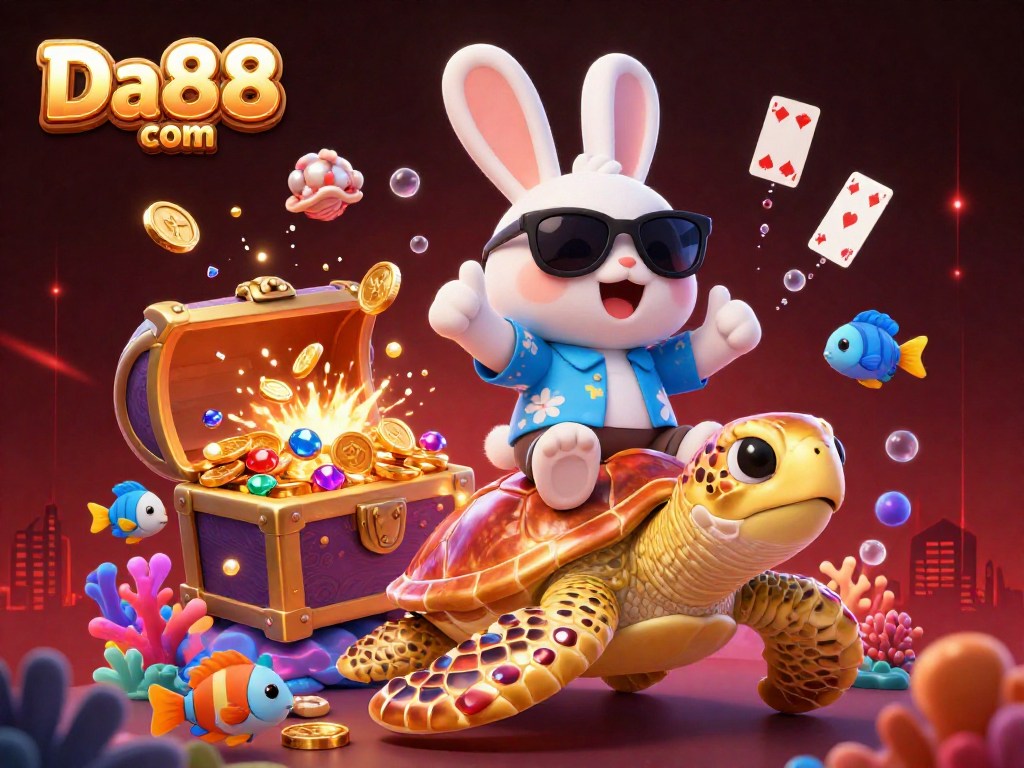 Experience thrilling gaming with Da88 com's vibrant 3D scene featuring a lucky rabbit, golden turtle, and dynamic casino elements.