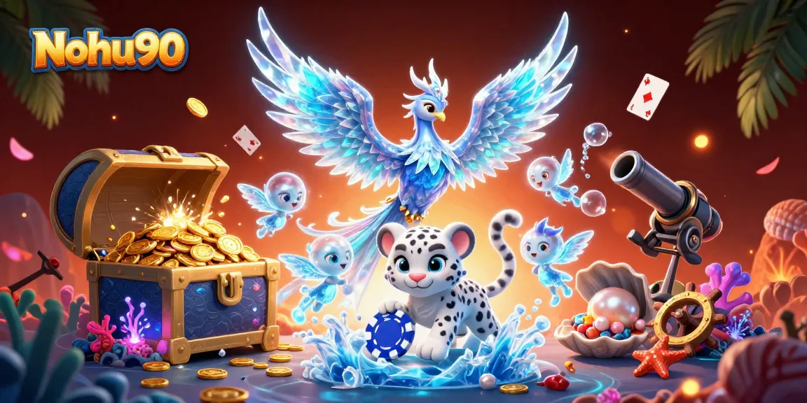 Nohu90 offers vibrant gaming experiences, featuring a phoenix and ice sprites celebrating big wins in a stunning casino setting.
