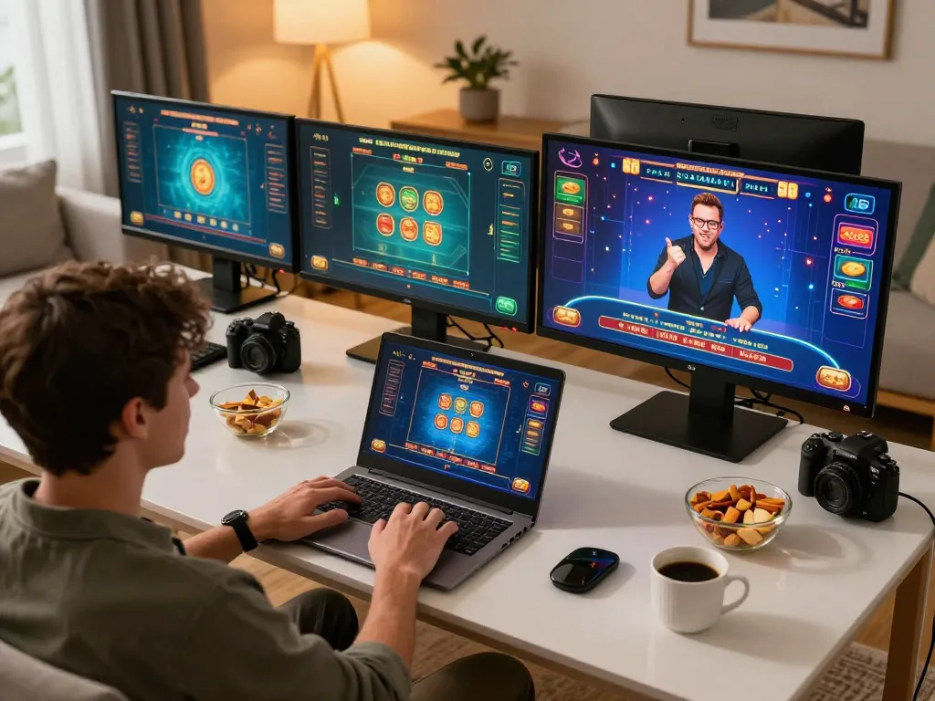 Engaging player using trang chủ FLY88 laptop for live dealer games in a cozy home setting
