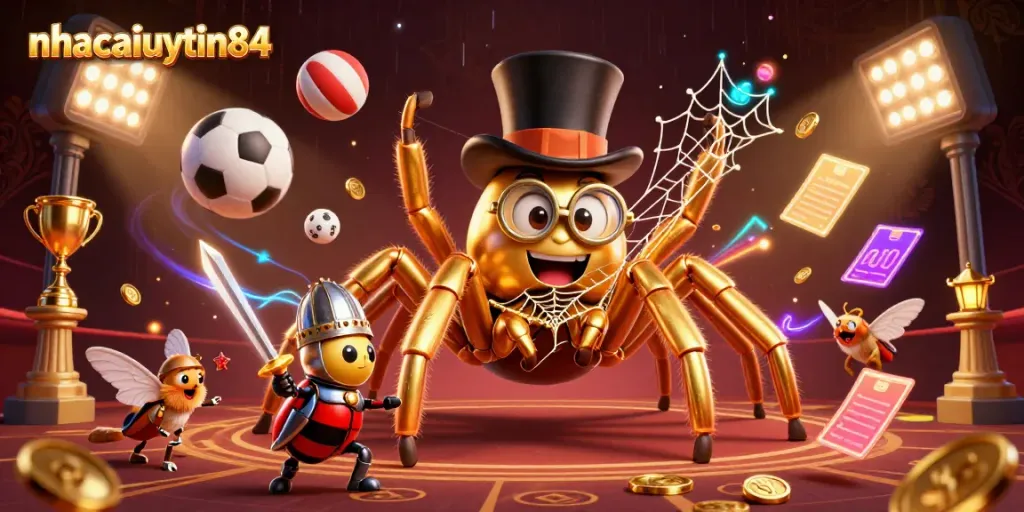 Experience thrilling action at nhacaiuytin84 with a golden tarantula and beetle knight in a vibrant casino.