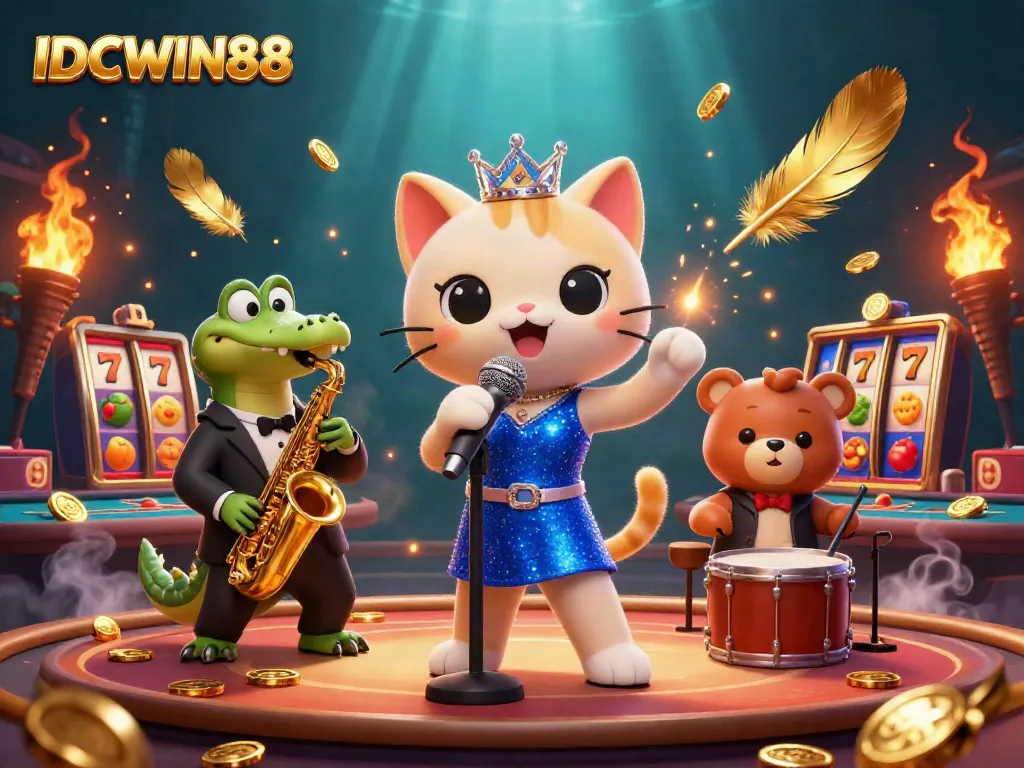 Experience thrilling gameplay with IDCWIN88 as a jazzy cat singer, crocodile saxophonist, and bear drummer unite on stage.