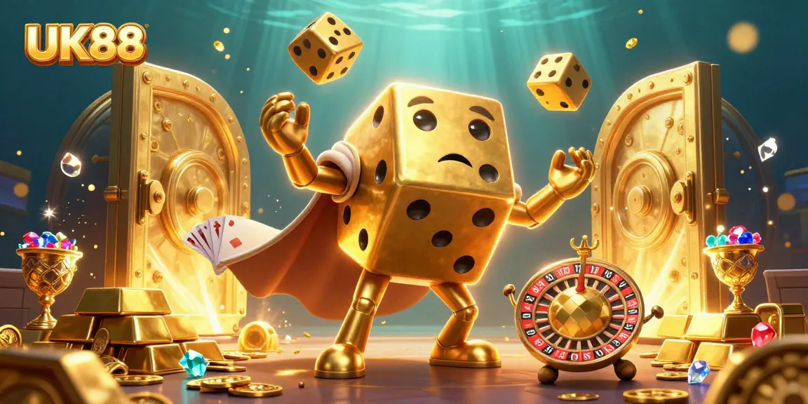 Engage in thrilling gameplay at UK88 with the vibrant golden dice golem and casino treasures.