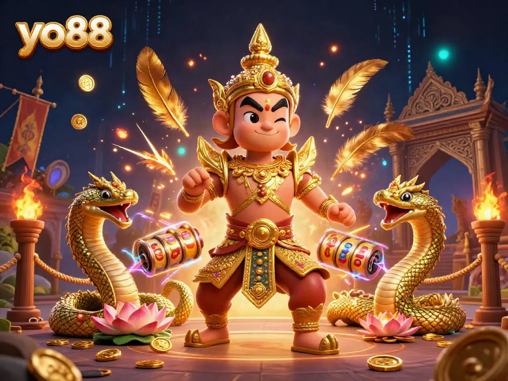 Engage in exciting gameplay at yo88 with a vibrant 3D illustration featuring a guardian and slot reels.