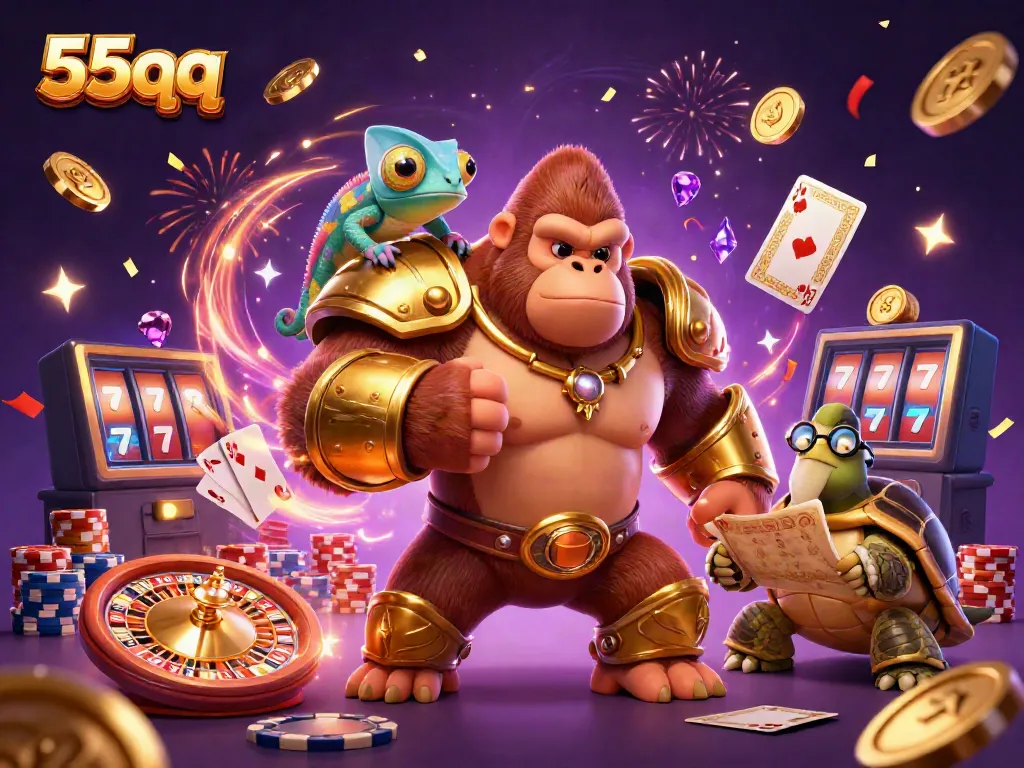 Experience the thrill of 55qq with a powerful gorilla, a colorful chameleon, and a wise tortoise amidst dynamic casino elements.