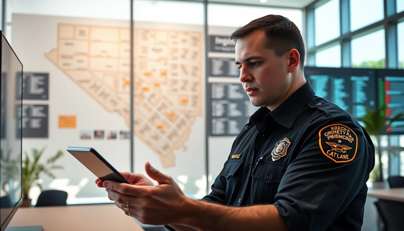 Reviewing orange county jail inmate booking information by a law enforcement officer in a modern office.