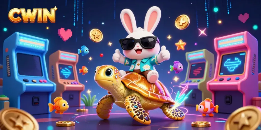 CWIN platform showcased with a lucky rabbit and turtle in a vibrant casino-themed scene, expressing excitement.