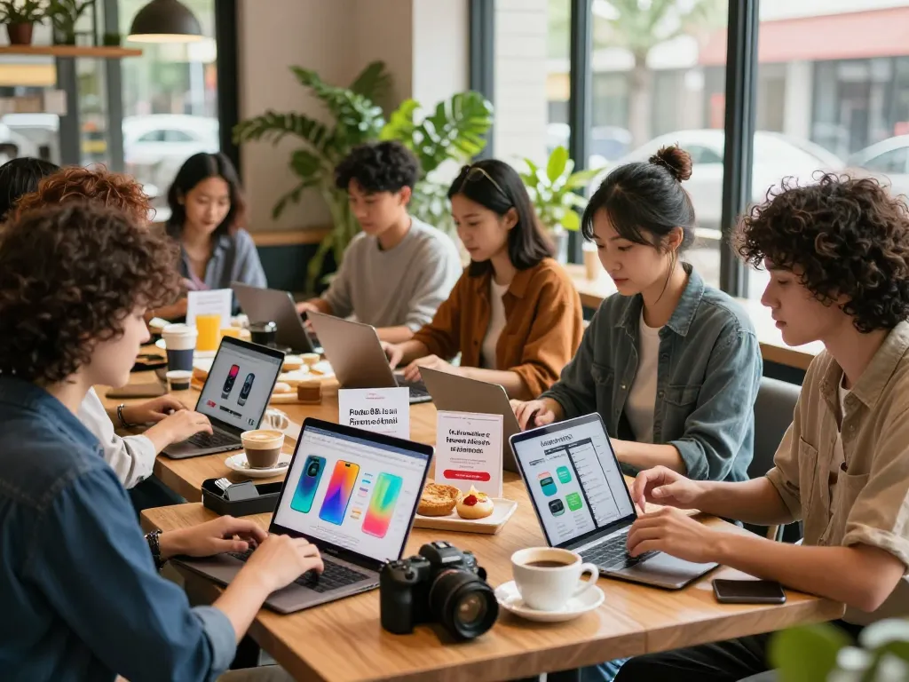 Engaging online shopping scene at a café, promoting sales on https://hubet88.icu/ with customers browsing products.