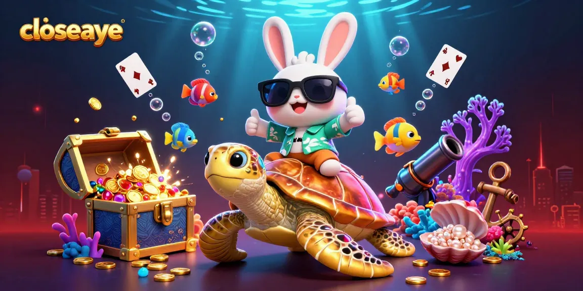 Join the fun at closeaye with a 3D lucky rabbit and sea turtle celebrating underwater treasures and games.