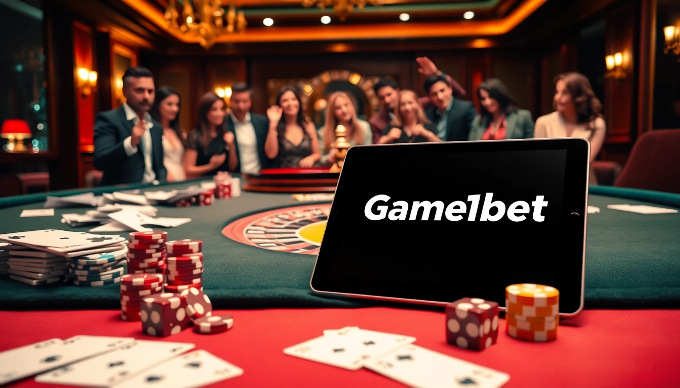 Experience the excitement of Game 11bet with a lively casino scene featuring roulette, poker chips, and players.