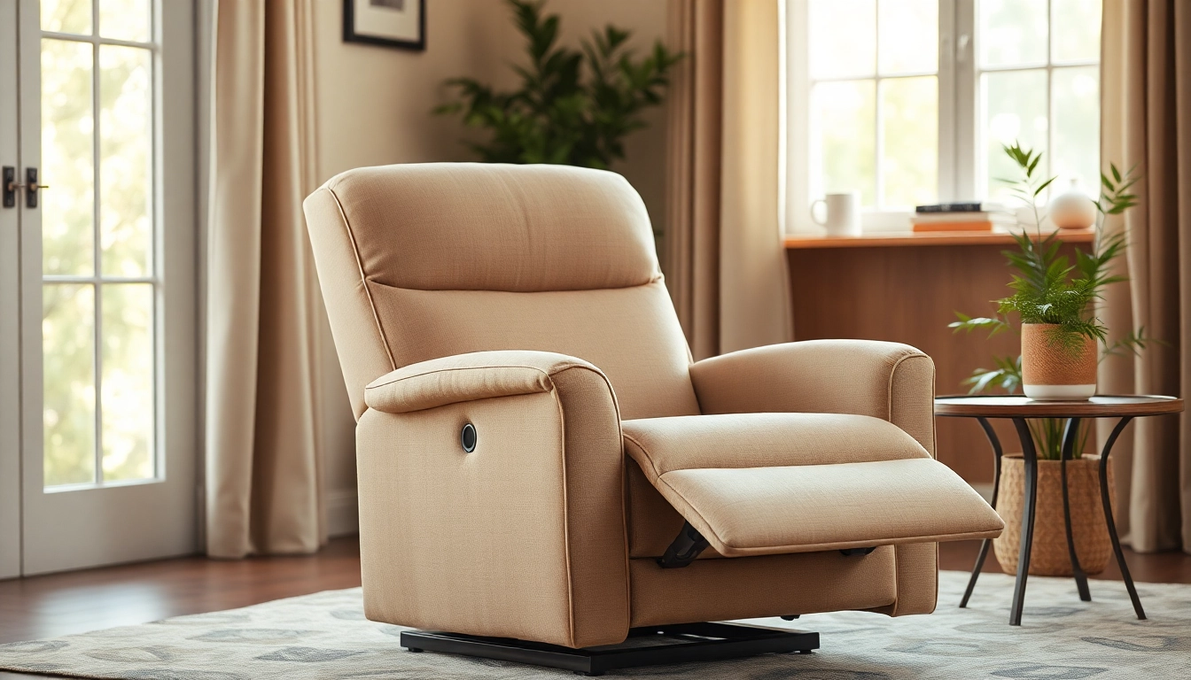 Comfortable lift chair in a cozy living room setting with natural light and soft colors.
