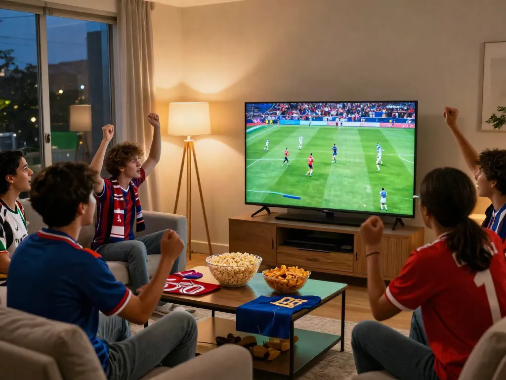 Excited fans watching football match at home with snacks and jerseys, https://gavangtv.life/ highlighting the community spirit.