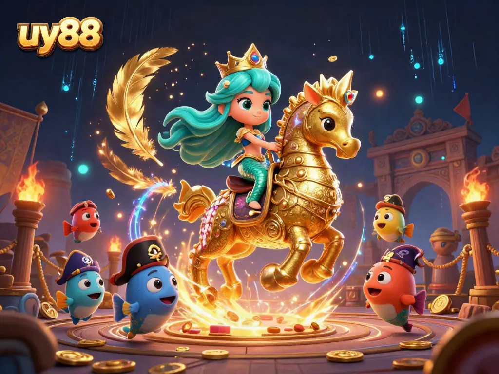 Experience the excitement of uy88's online gaming with vibrant mermaid and seahorse characters amidst gold coins.
