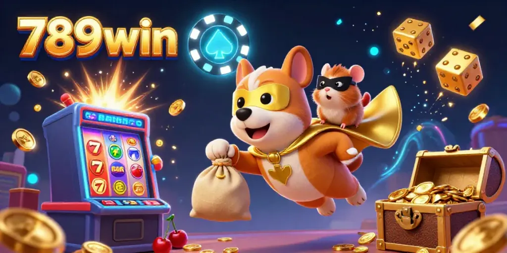Experience thrilling wins at 789win with cartoon superhero dog and casino elements.