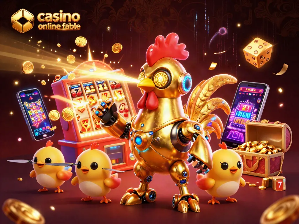 Un grupo de personajes divertidos representando un casino online fiable, rodeados de elementos de juego vibrantes.
