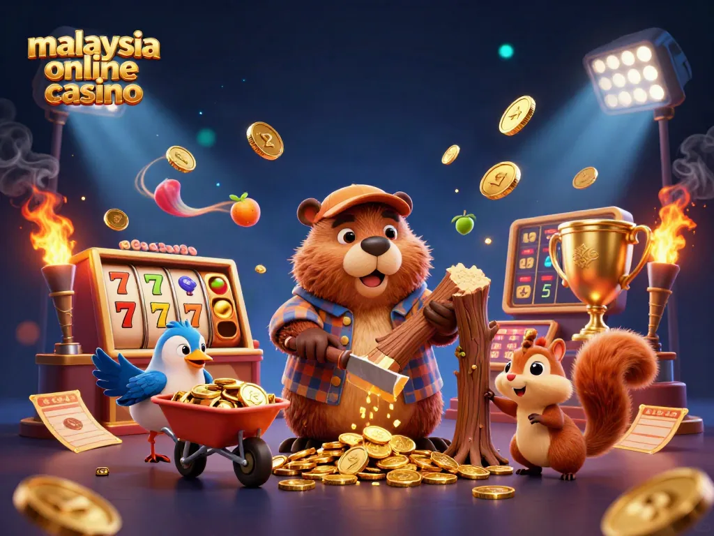 Engaging 3D casino scene featuring a beaver, bird, and squirrel celebrating Malaysia online casino adventures with slot reels and gold coins.