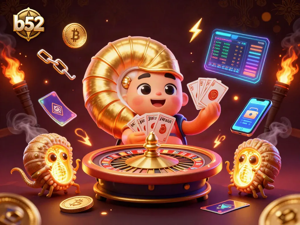 Spin the b52 roulette with a cartoon nautilus and glowing crypto elements in a dynamic casino scene.