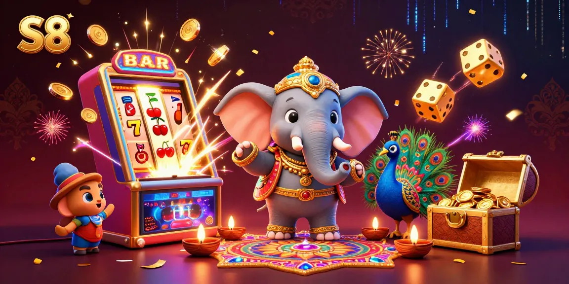 Experience the thrilling S8 casino world with an extravagant 3D illustration featuring an elephant and peacock amid a jackpot explosion.