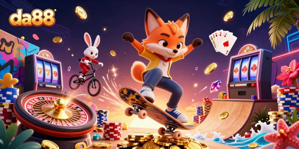 Engaging online casino scene featuring da88 with fox and rabbit characters amid golden coins and vibrant gaming elements.