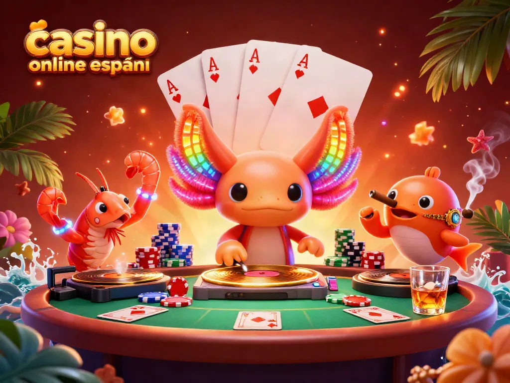 Juega en un casino online español con un axolote DJ y camarones bailando en una escena vibrante.