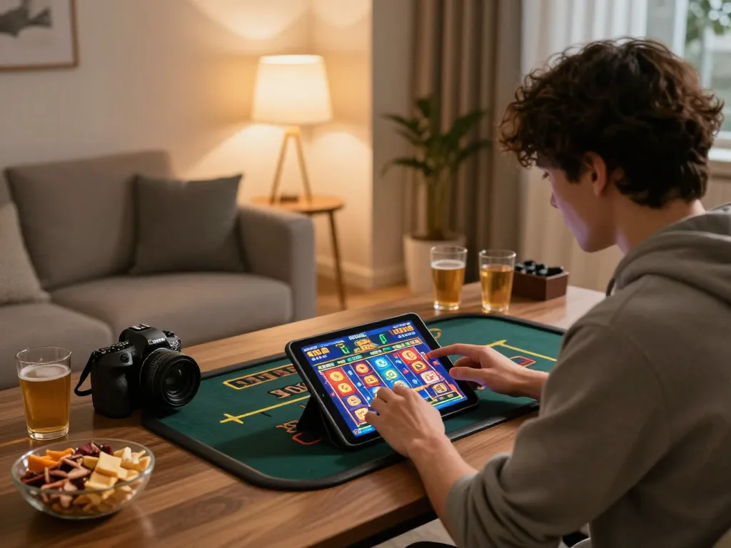 Player enjoying online casino games on a tablet from home, highlighting tr88 gameplay experience with snacks and drinks in view.