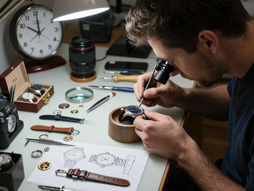 Luxury watch tools on a meticulous workbench with a watchmaker assembling a high-end timepiece in a focused environment.