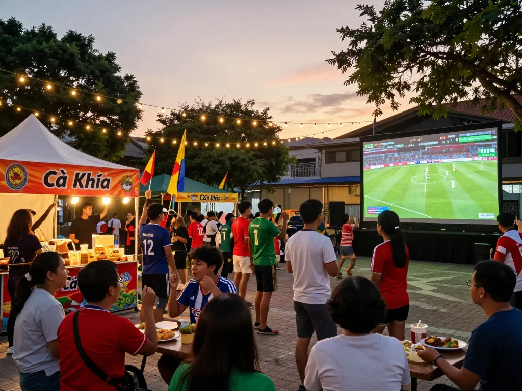 Cà Khịa fans celebrating at a vibrant outdoor football match screening with food stalls and community atmosphere.