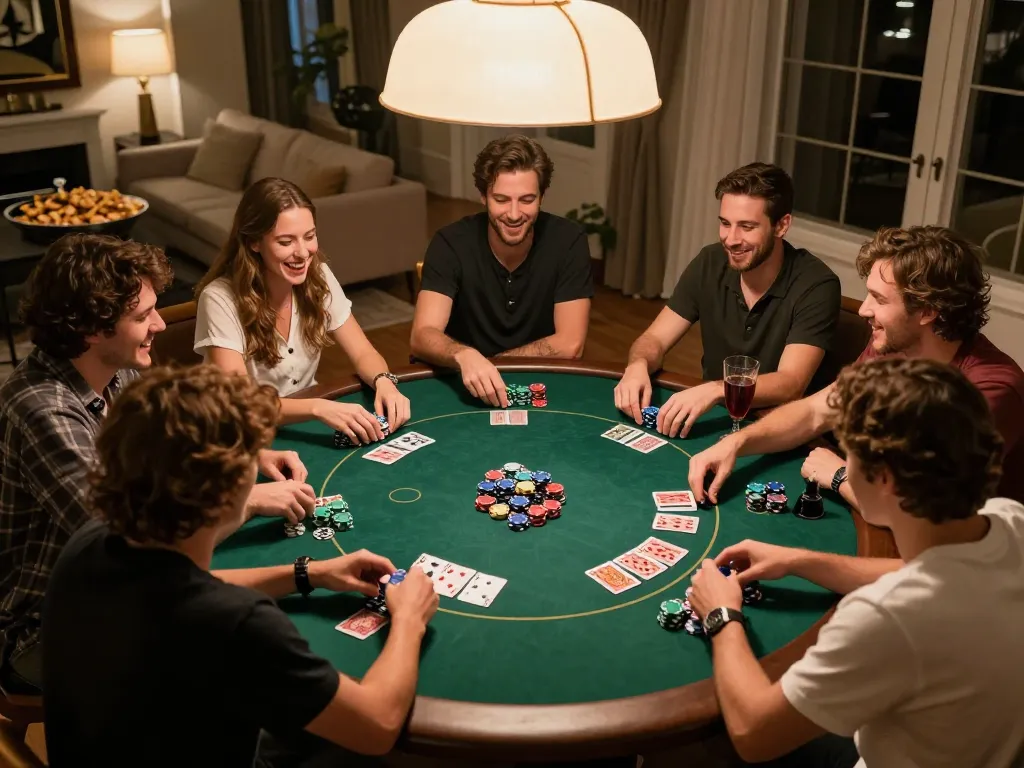 Friends enjoying poker at home, engaging in strategic gameplay with sgwin66 ambiance.
