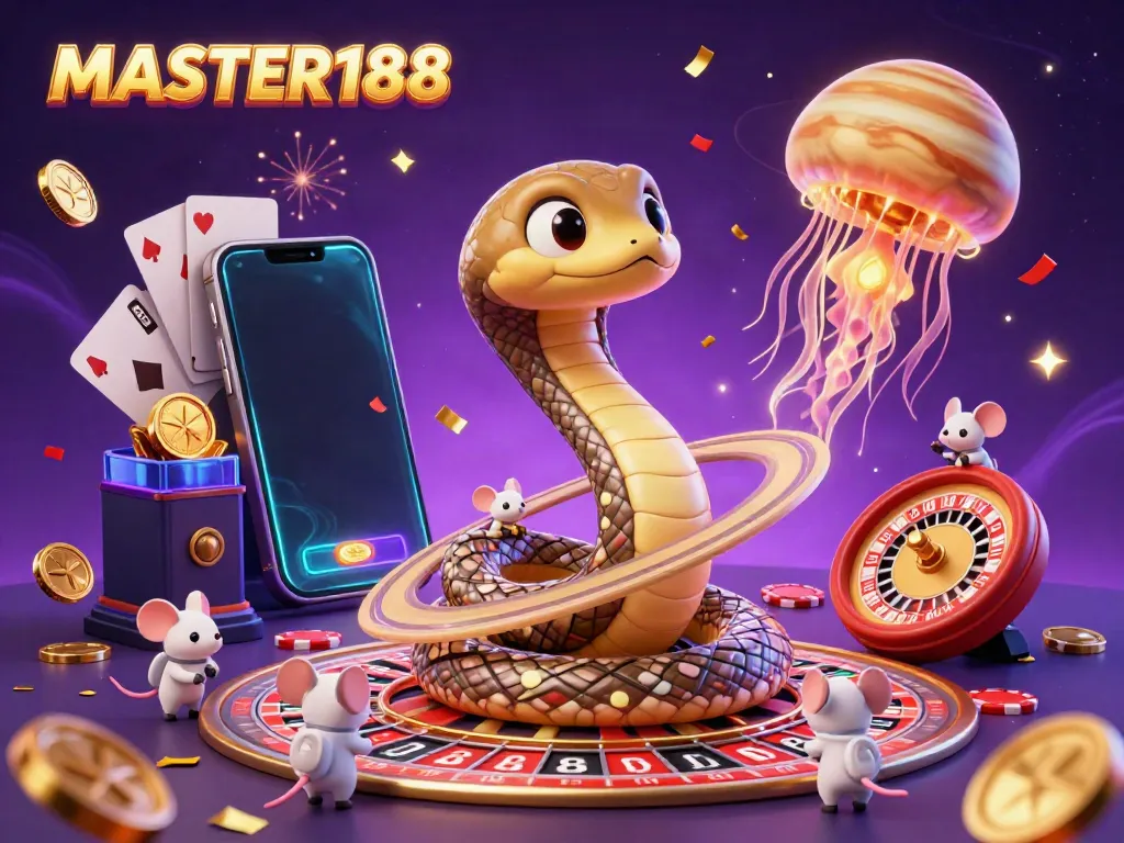 Experience the excitement of MASTER188 with astronaut mice betting on a cosmic roulette wheel surrounded by vibrant gaming elements.