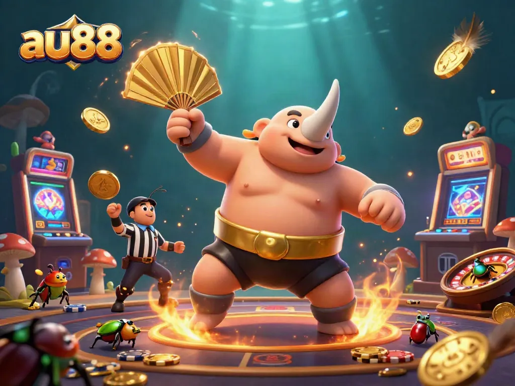 Experience the thrilling atmosphere of au88 with a sumo champion beetle amid flying coins and vibrant casino elements.