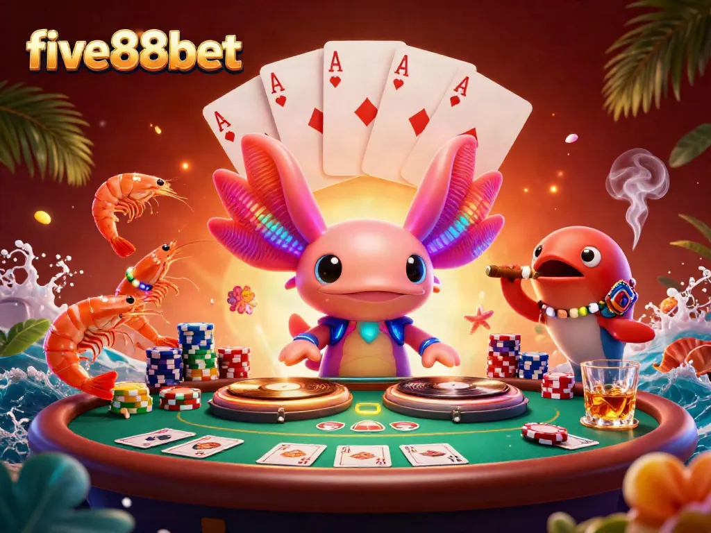 Engage with five88bet in a vibrant underwater casino scene with neon characters and poker action.