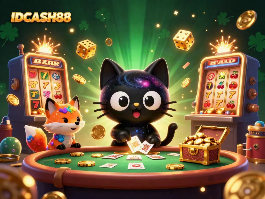 Experience the energy of IDCASH88 with a cosmic casino scene of fun characters and slot excitement.